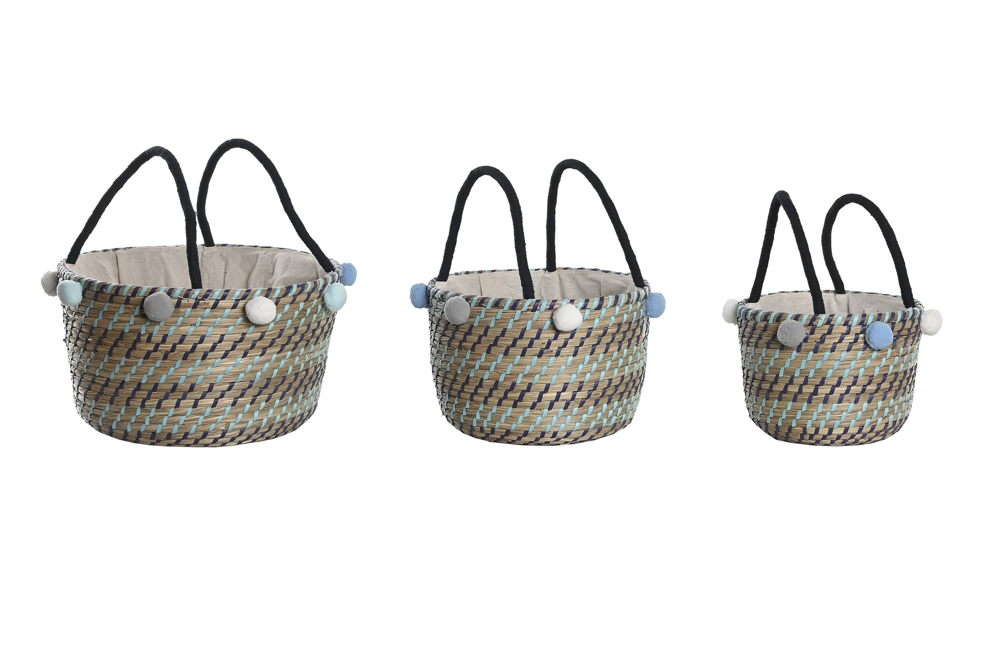 CESTA SET 3 SEAGRASS POLIESTER 43X43X43 POMPONES