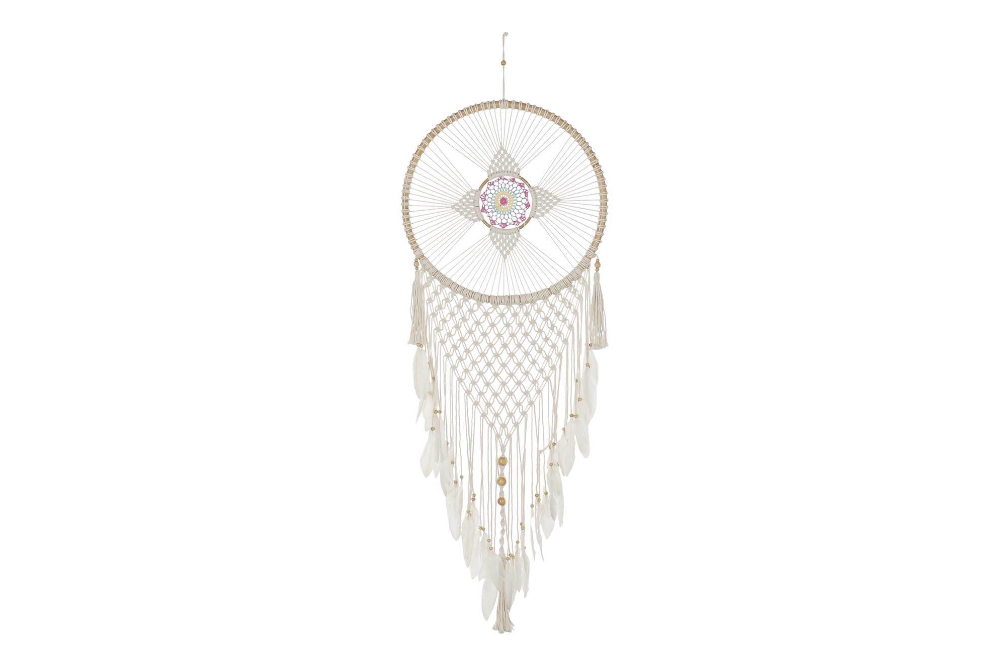 ATRAPASUEÑOS RATAN ALGODON 52X1X145 PLUMAS BLANCO