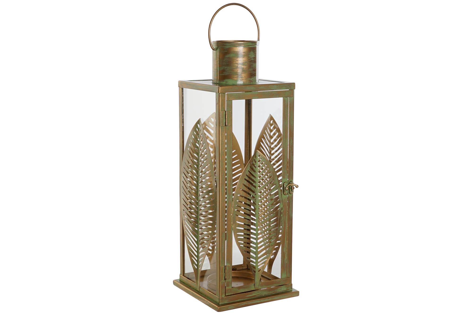 FAROLA METAL 16,5X16,5X50 HOJAS DORADO