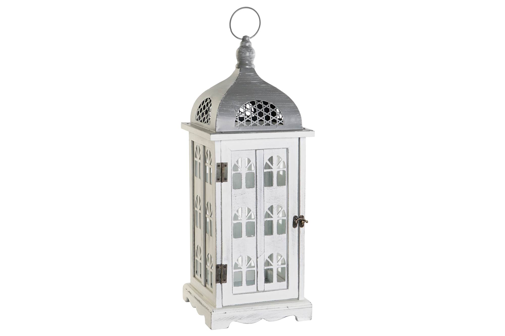 FAROLA MADERA CRISTAL 19X19X51 ENVEJECIDO BLANCO
