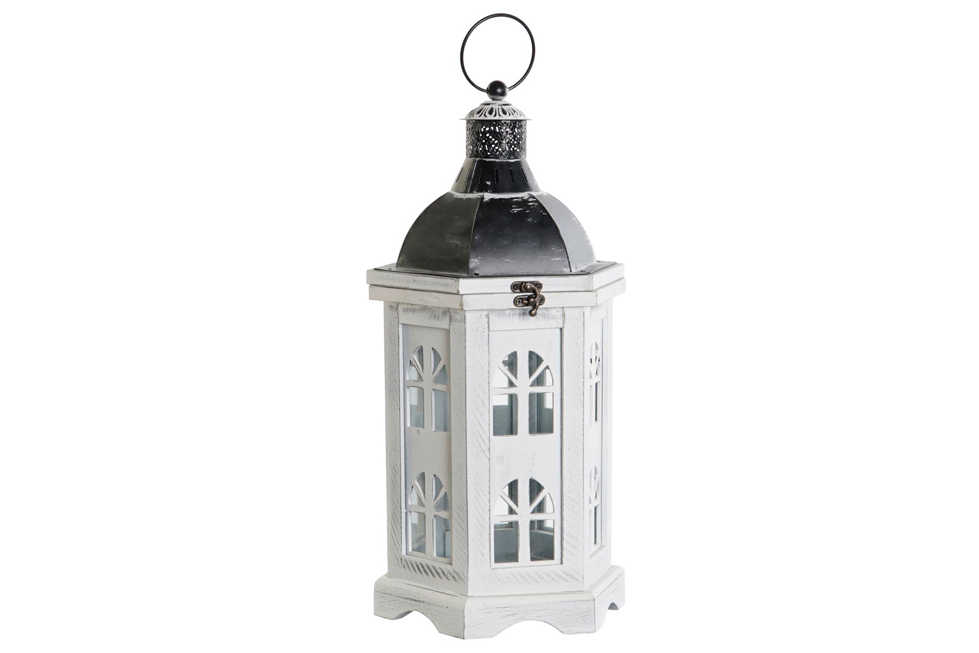 FAROLA MADERA CRISTAL 19X17X39 ENVEJECIDO BLANCO