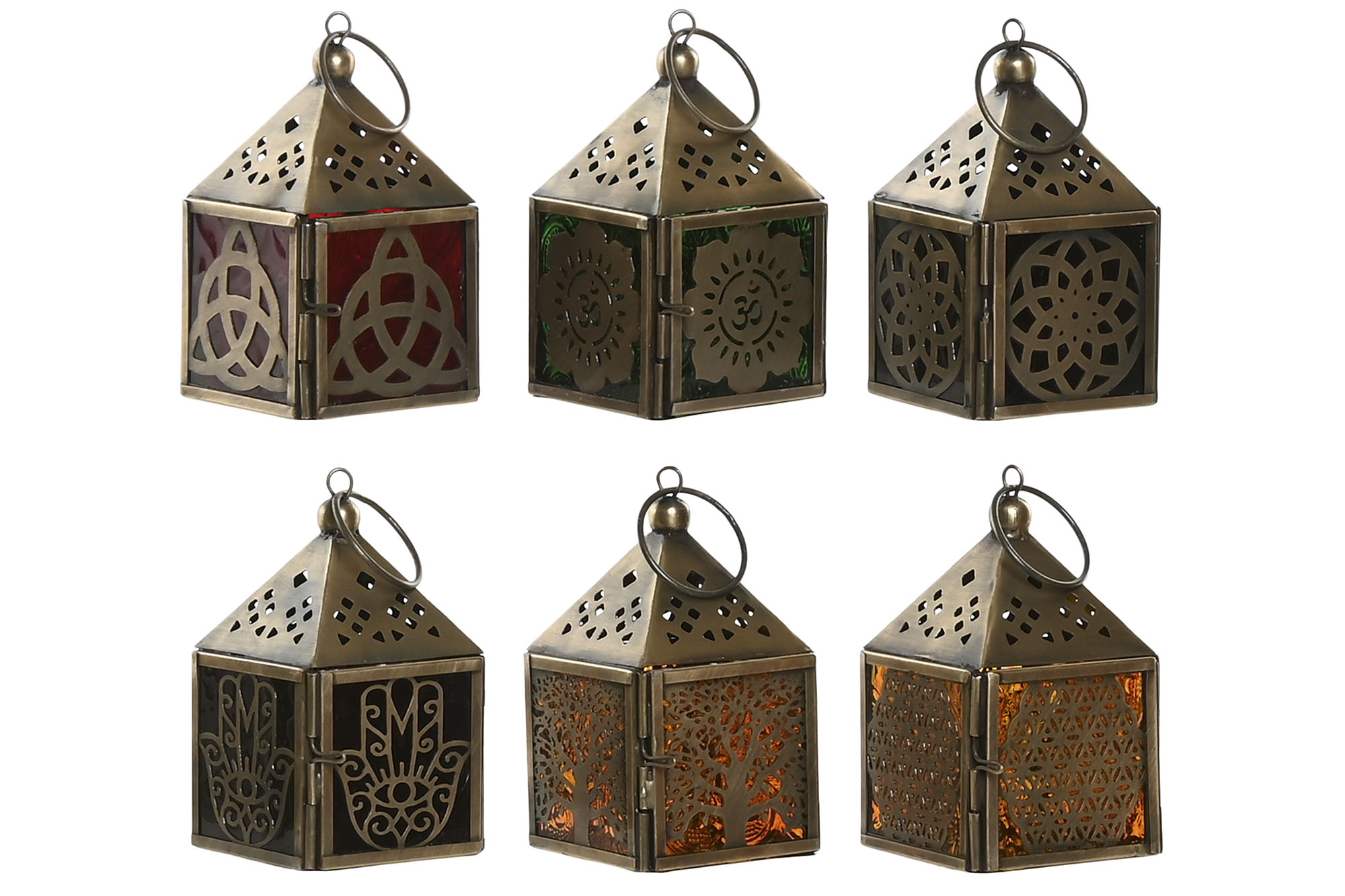 FAROLA METAL 6X6X10 HAMSA ARBOL DE LA VIDA 6 SURT.