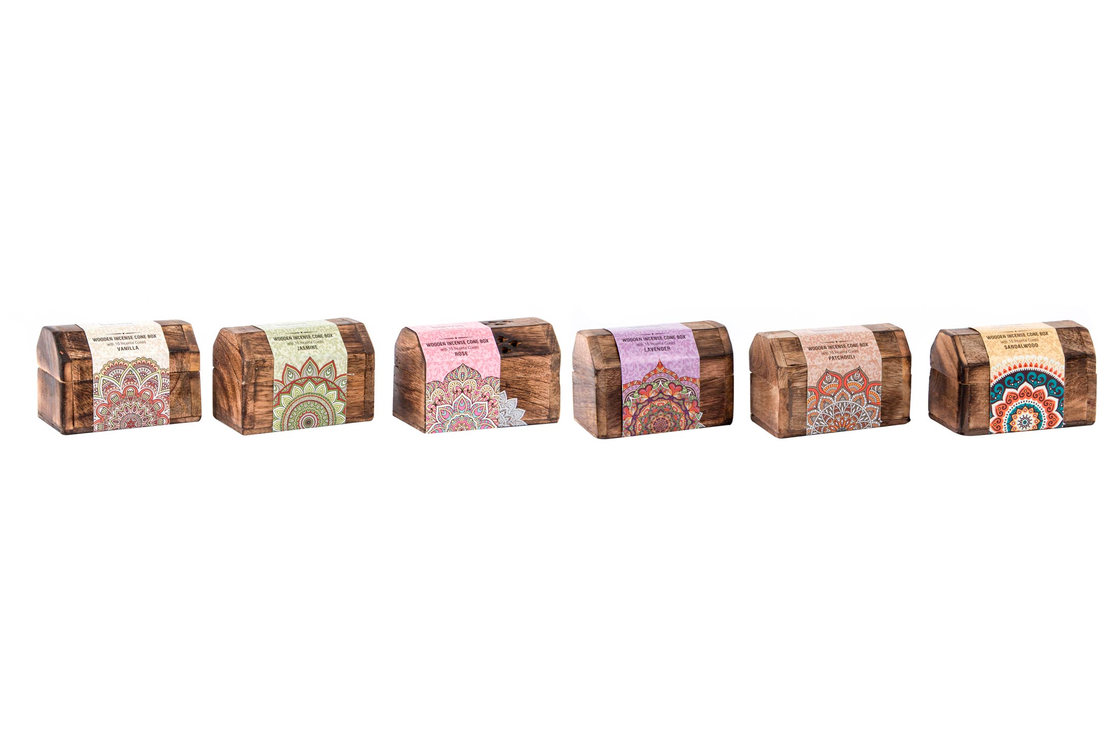 CAJA SET 10 MADERA AROMA 9X5X6 CONOS 6 SURT.