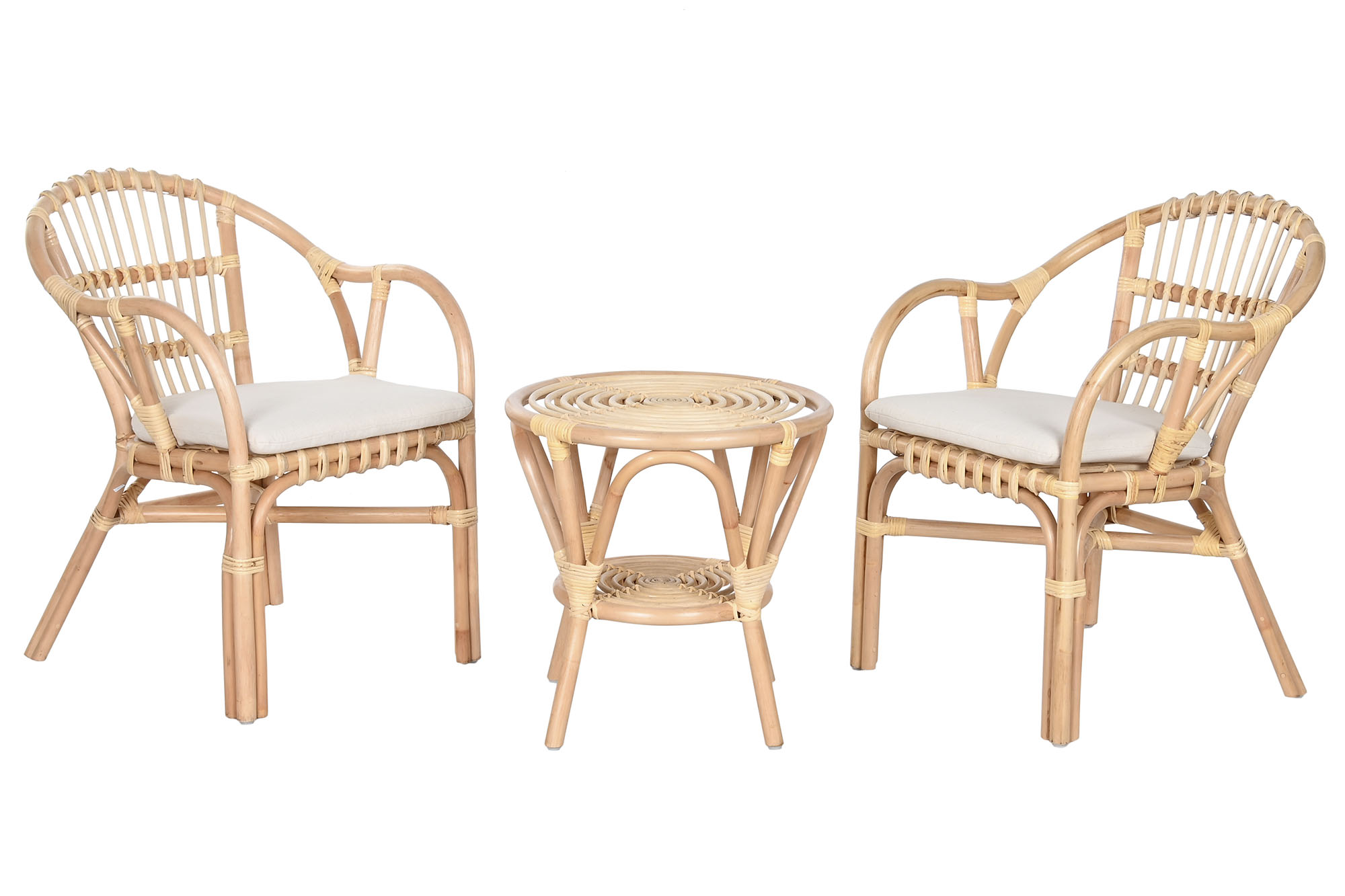 MESA SET 3 RATAN 50X50X50 Y 2 SILLONES CON COJIN