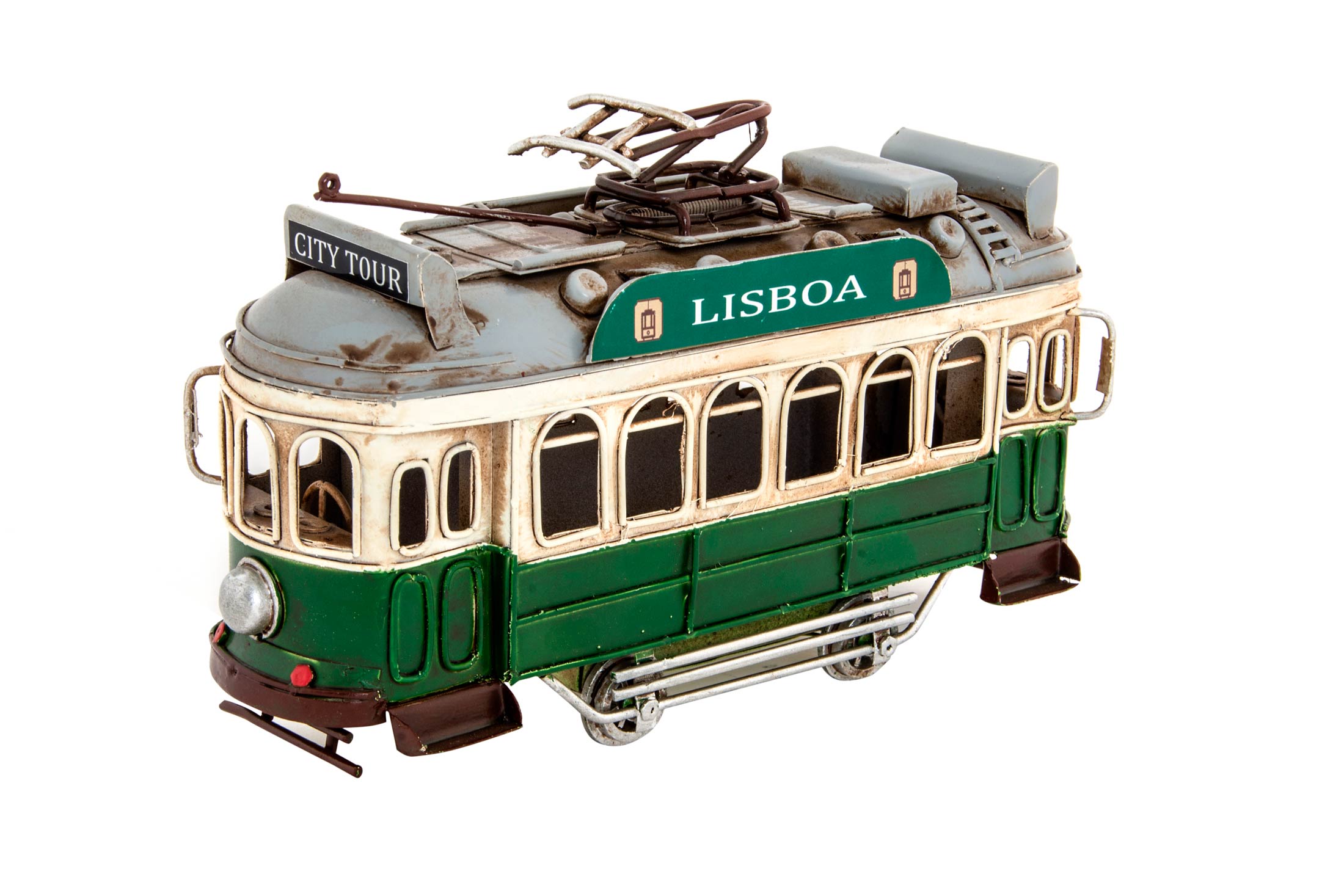 VEHICULO DECORACION METAL 21X6,5X12 TRANVIA VERDE