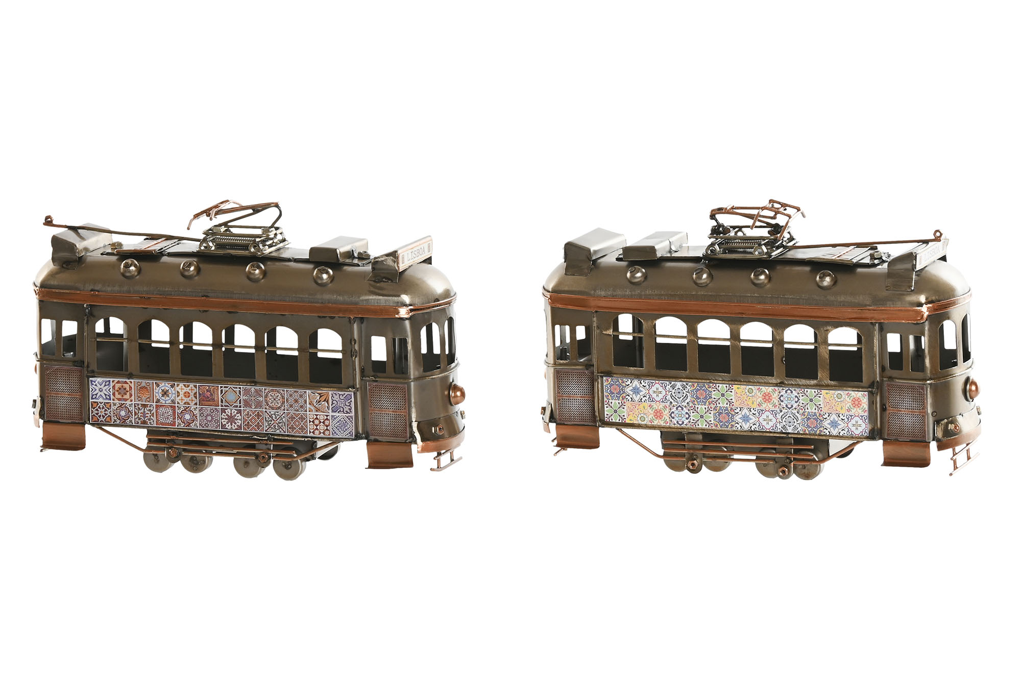 VEHICULO DECORACION METAL 20X7X12 TRANVIA PLATEADO