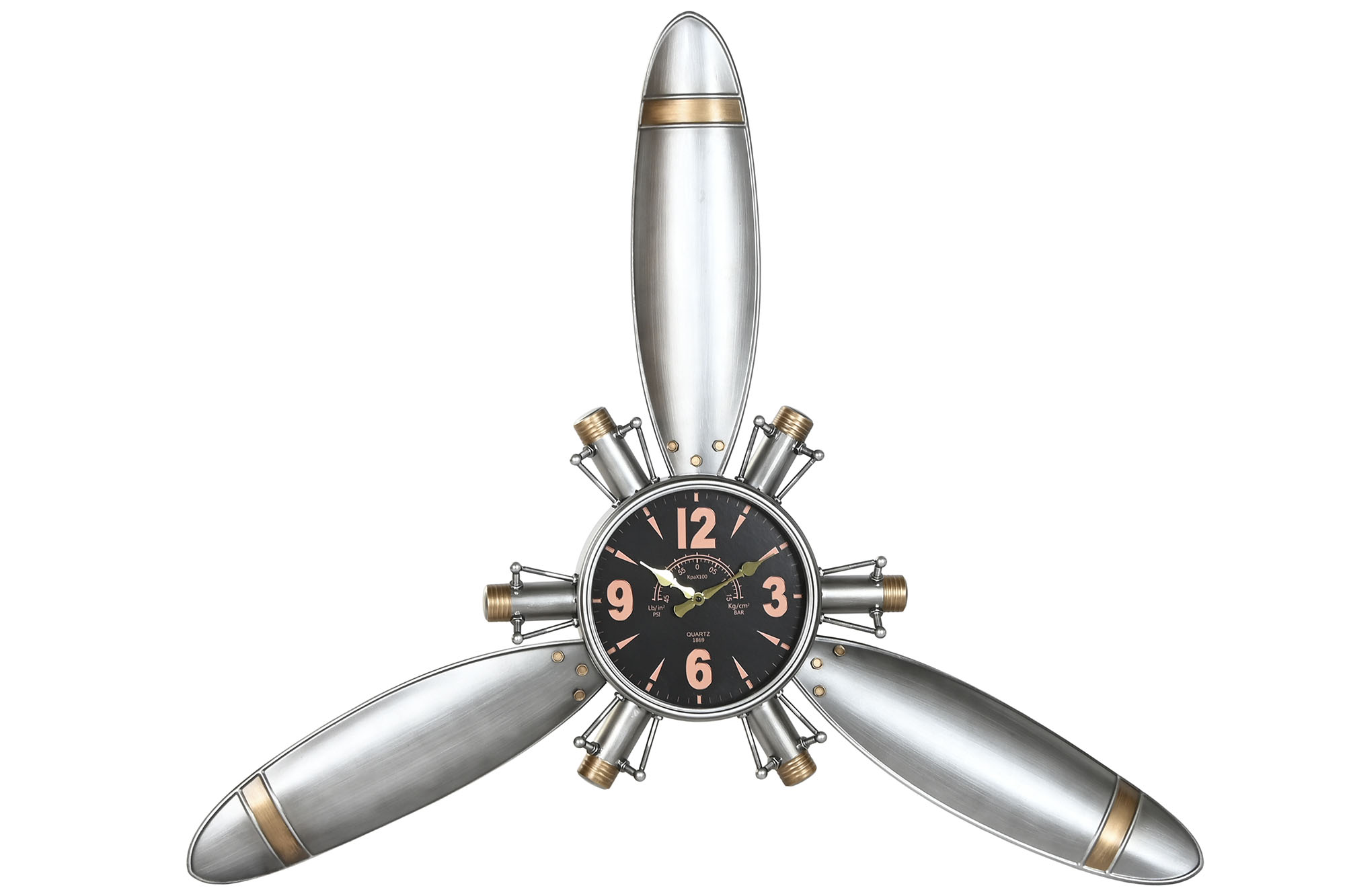 RELOJ PARED METAL 121X7X106 HELICE AVION PLATEADO