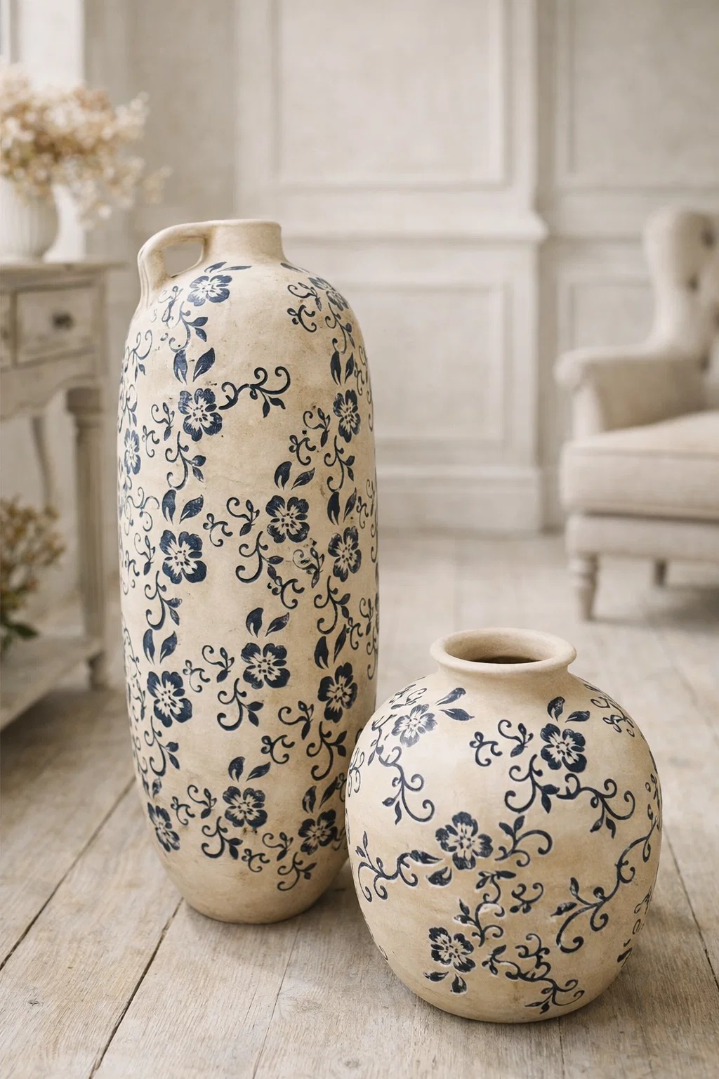 JARRON TERRACOTA 20X20X20 FLORAL ARTESANAL BLANCO 2