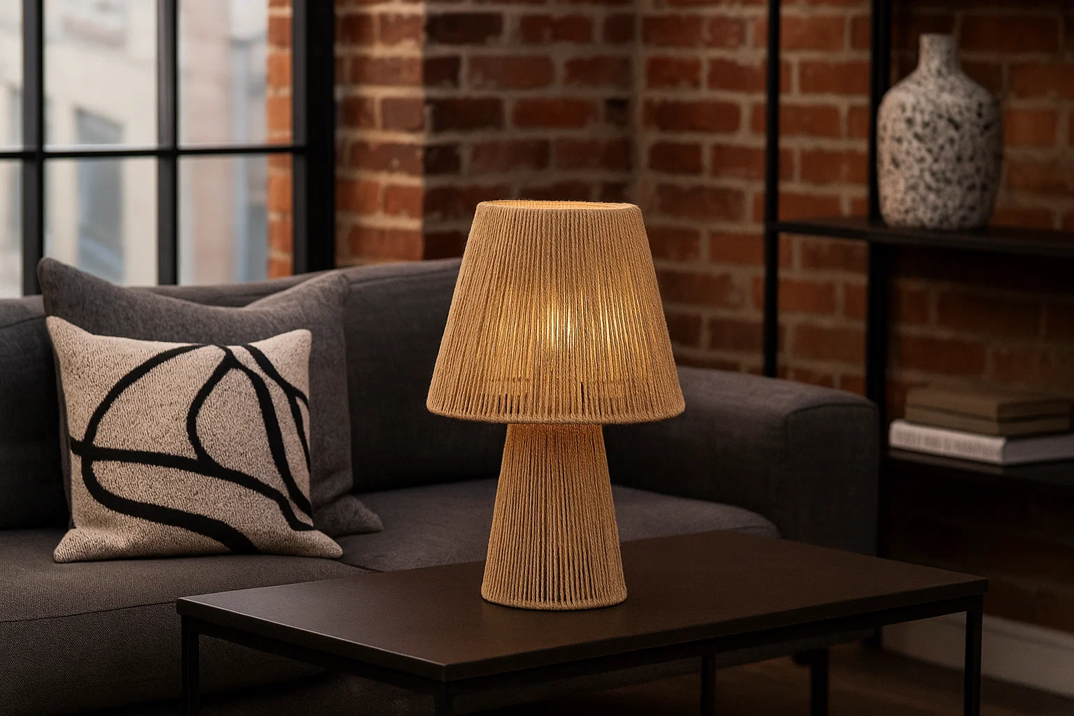 LAMPARA SOBREMESA FIBRA METAL 28X28X41 NATURAL 2