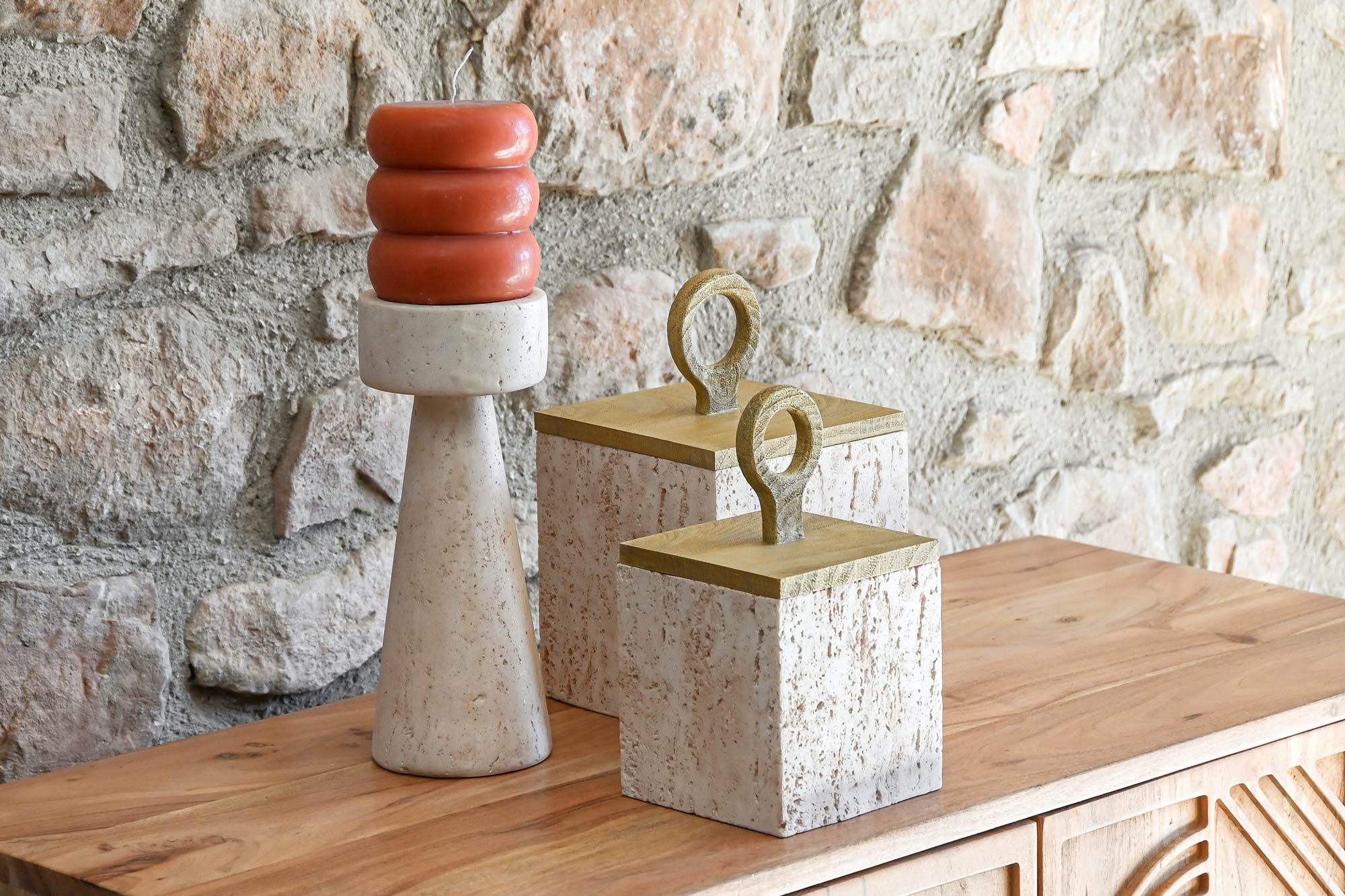 CANDELABRO RESINA 10X10X25 SIMIL MARMOL BEIGE 2