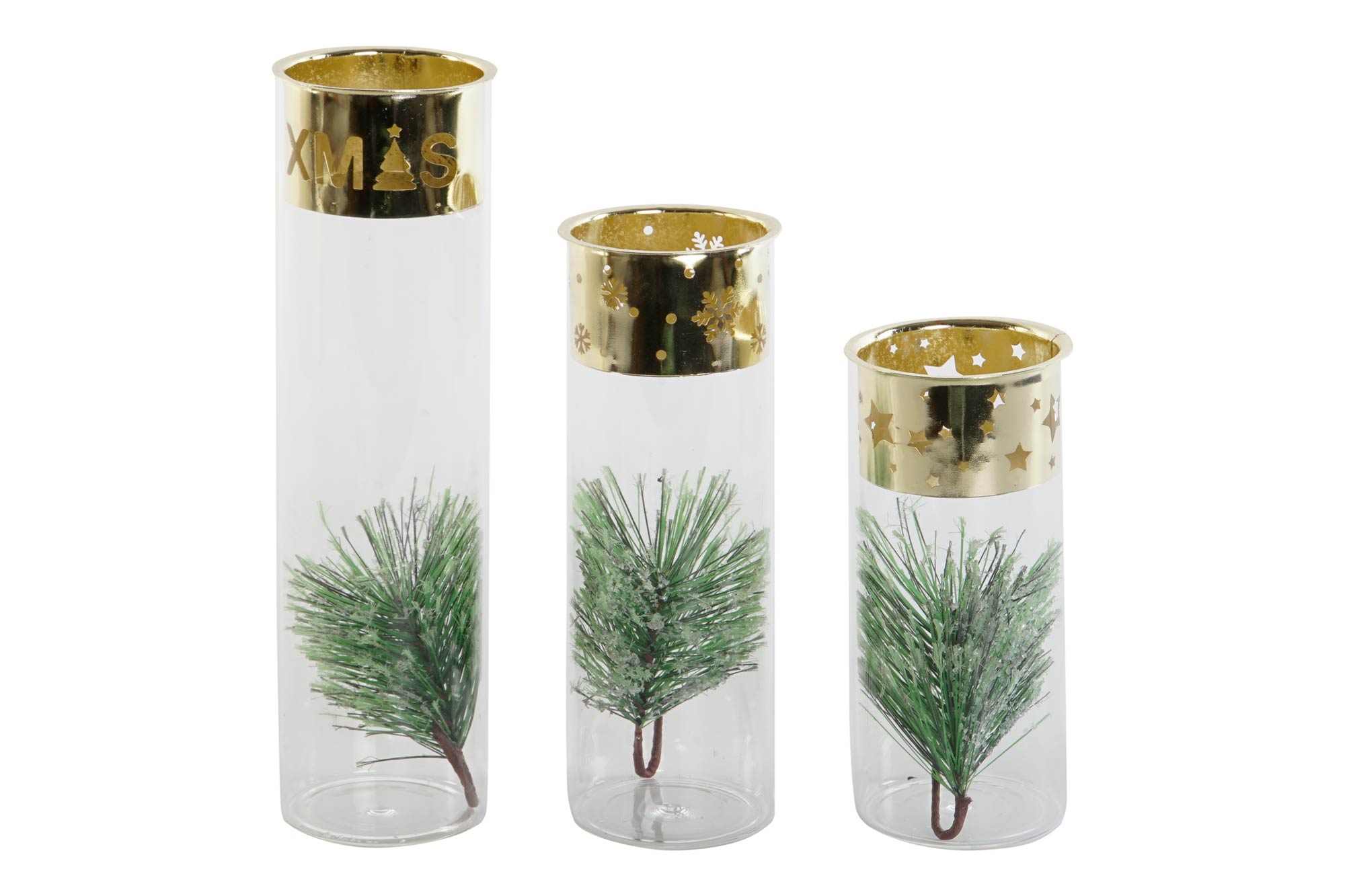 PORTAVELA SET 3 CRISTAL METAL 7X7X16 PINO DORADO