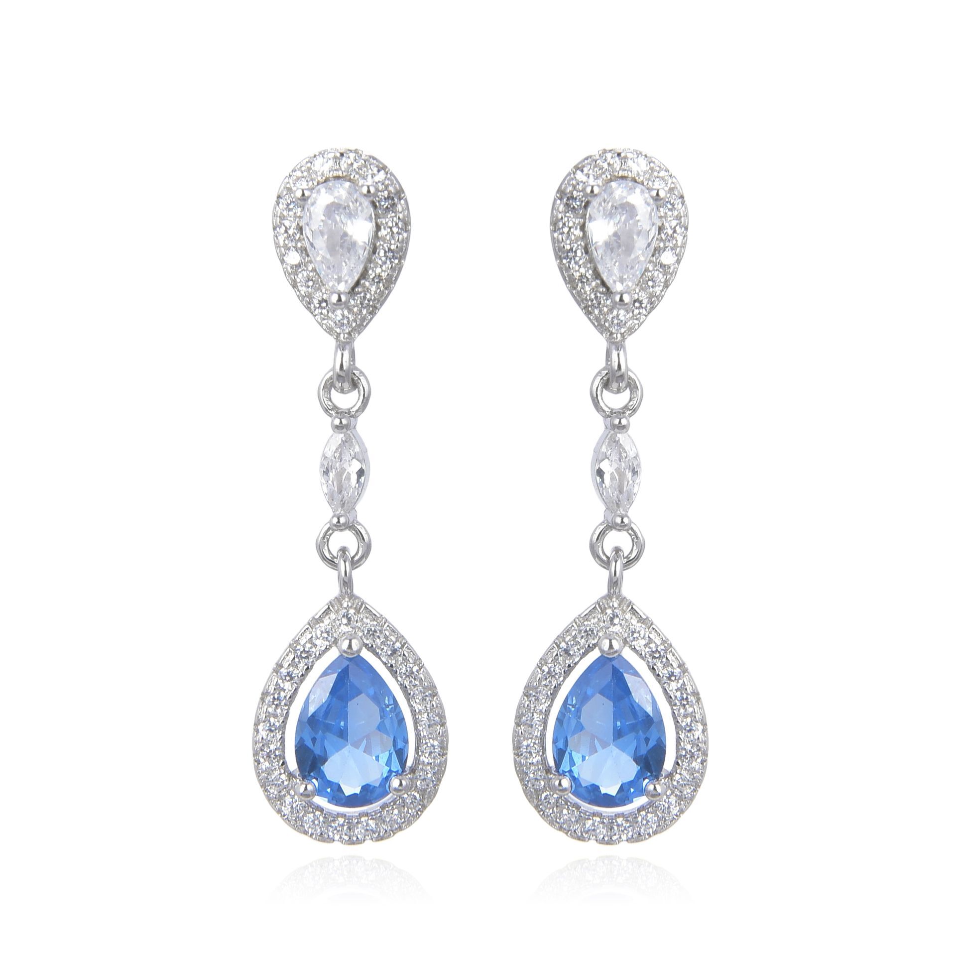 Pendientes de Plata rodiada lágrima de Circonita Azul