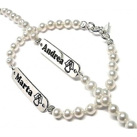 Pulsera perlas comunión niña placa grabada