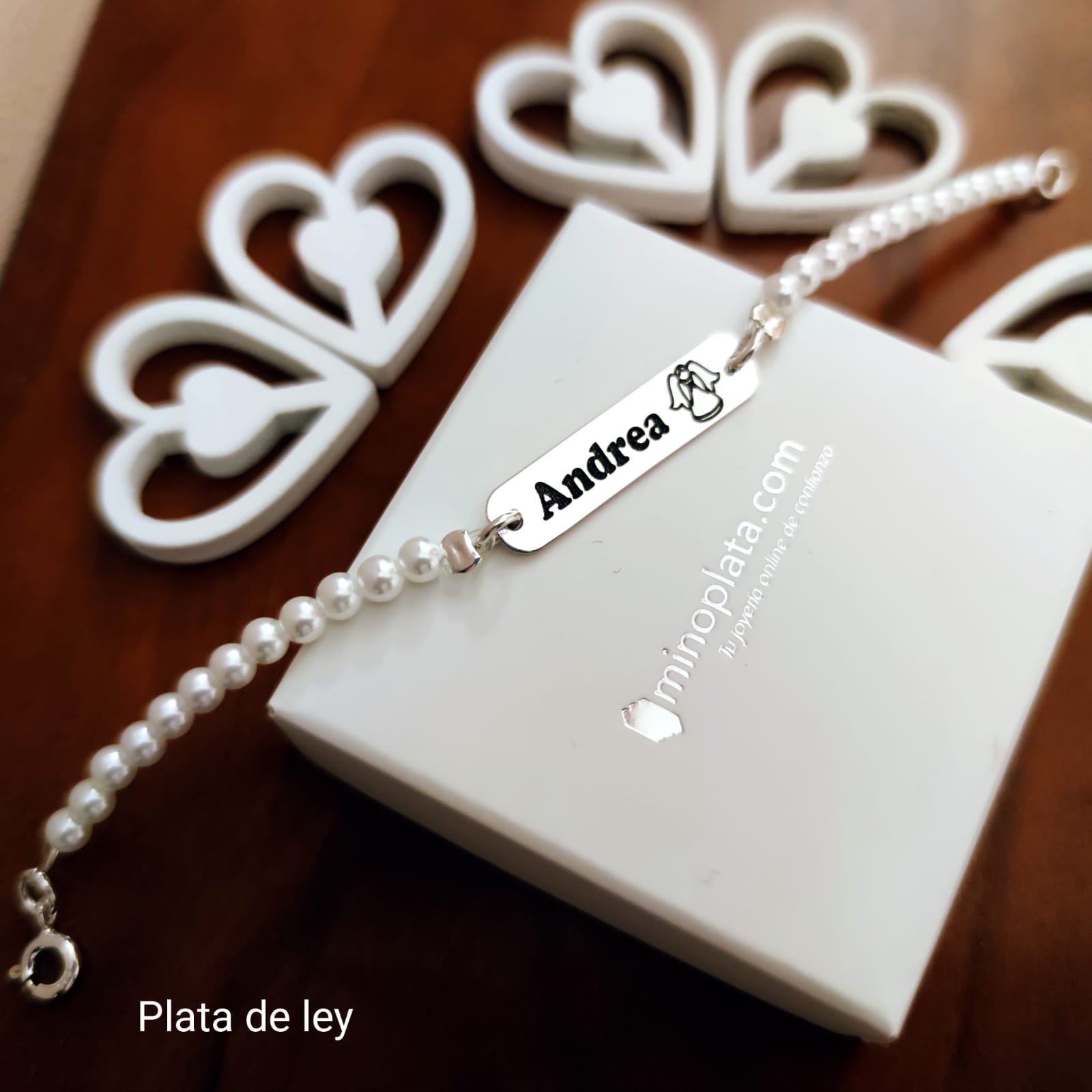 Pulsera perlas comunión niña placa grabada 1
