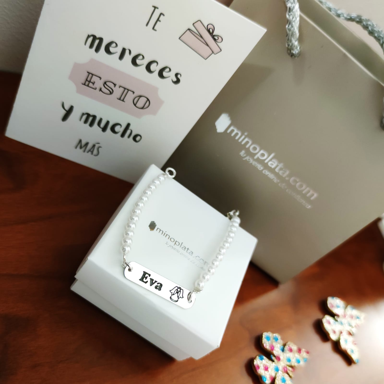 Pulsera perlas comunión niña placa grabada 2