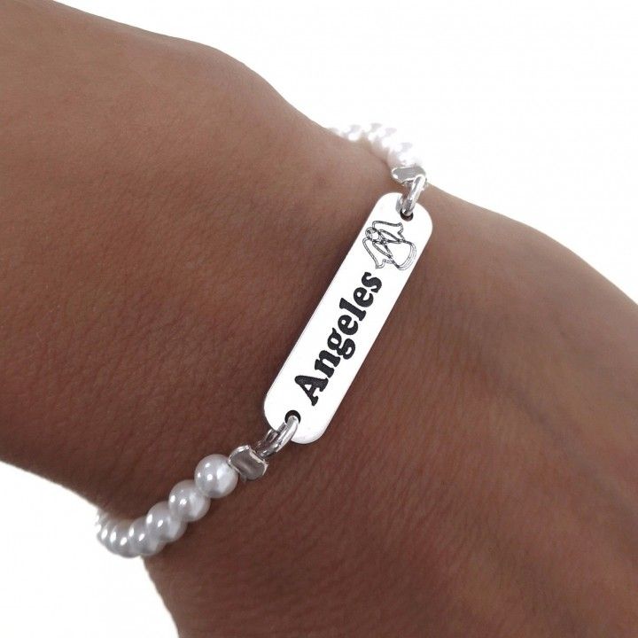 Pulsera perlas comunión niña placa grabada 3