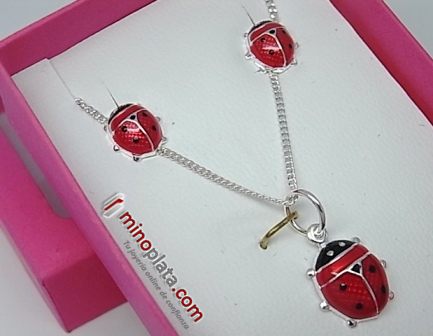 Conjunto infantil de mariquitas en Plata de ley