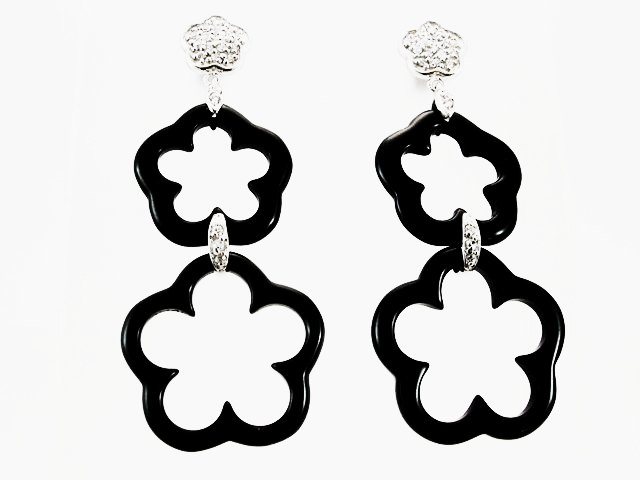Pendientes Margaritas de Onix y Circonitas de Plata de Ley rh