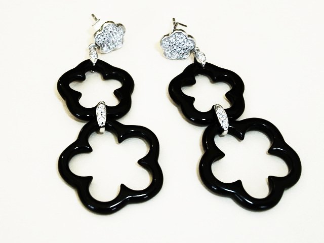 Pendientes Margaritas de Onix y Circonitas de Plata de Ley rh 1