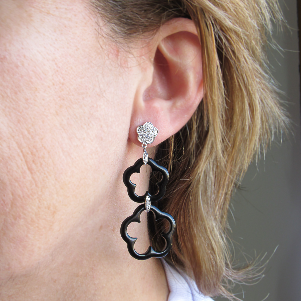 Pendientes Margaritas de Onix y Circonitas de Plata de Ley rh 2