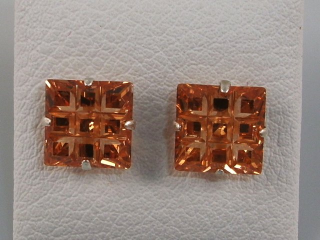 Pendientes en Plata con Cuadricula Circonita 10 Mm. Naranja