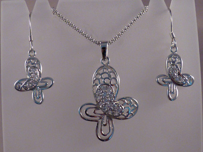 Juego de Gargantilla y Pendientes Plata de ley rodiada mariposa