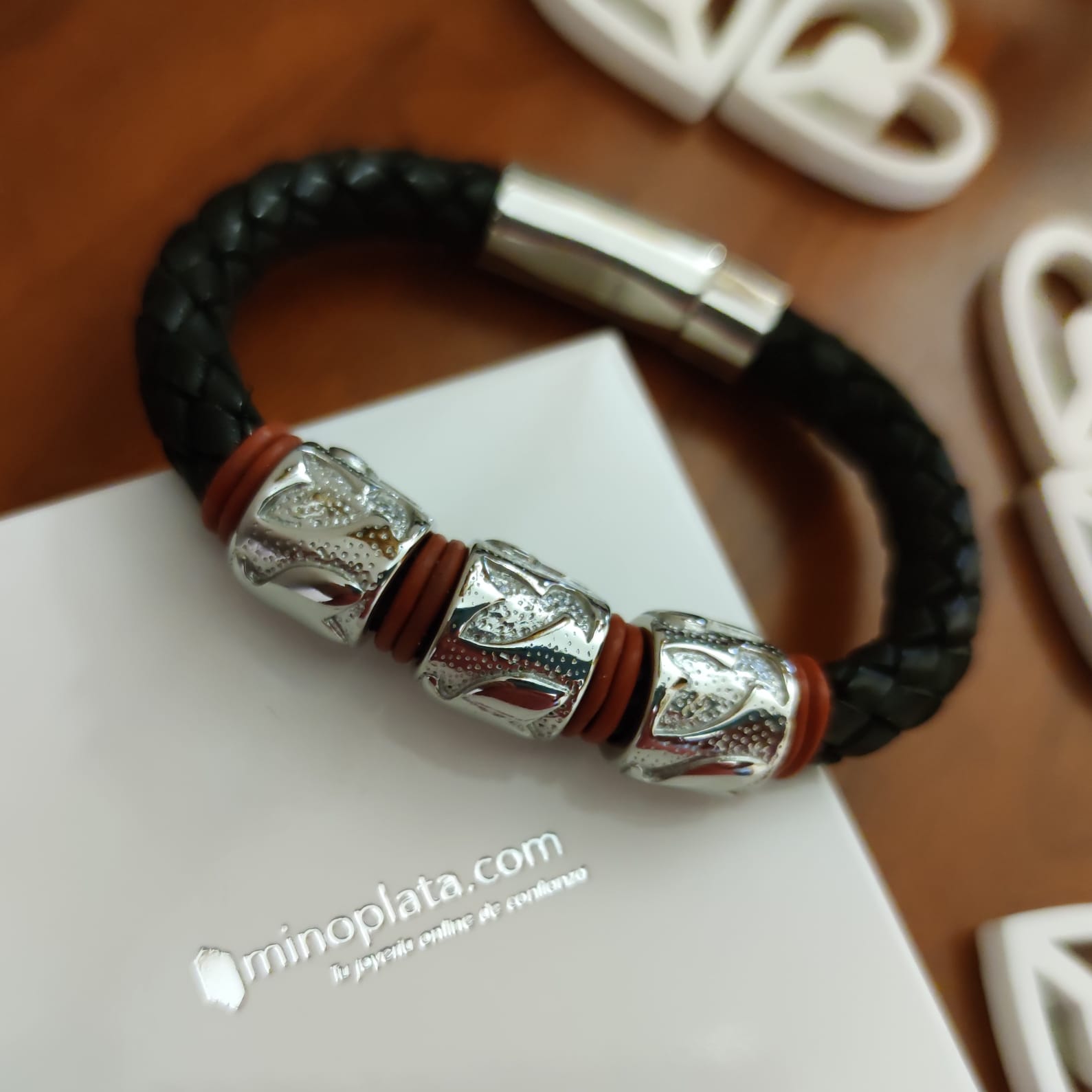 Pulsera hombre de Piel con piezas de Acero Inoxidable 1