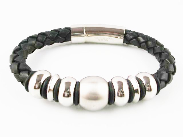 Pulsera de Piel negra con motivos de Acero