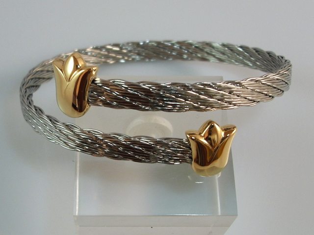 Brazalete de Acero con tulipanes de plata dorada