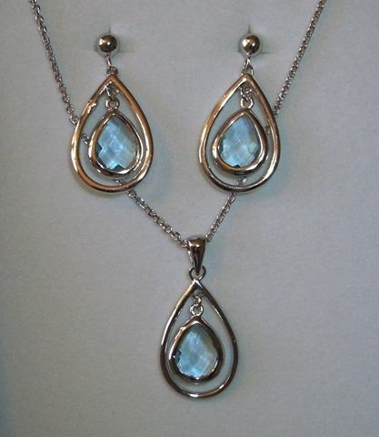 Juego Pendientes y Colgante Plata lagrima Circonita azul