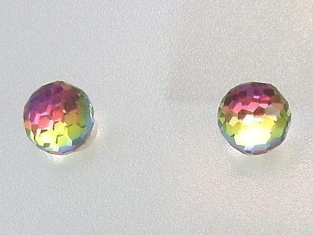 Pendientes de bola 6mm Plata con cristal tornasol verde y fucsia
