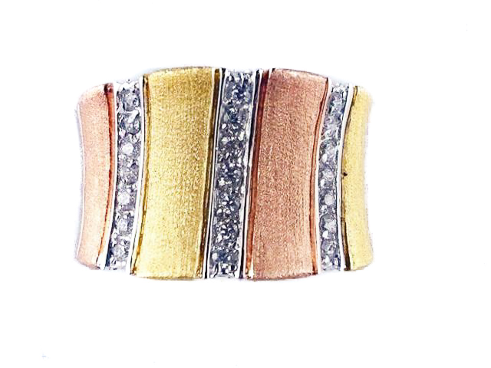 Anillo bandas doradas, rosa y Circonitas en Plata de ley 1