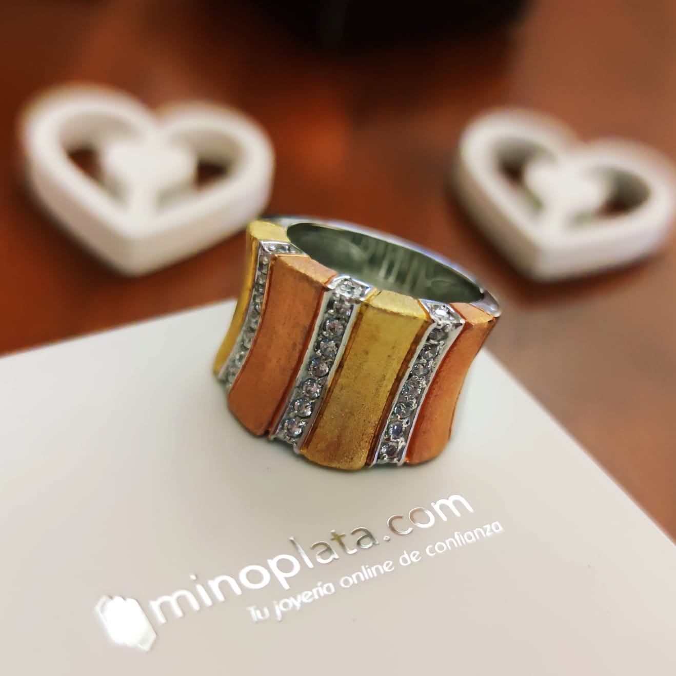 Anillo bandas doradas, rosa y Circonitas en Plata de ley 2