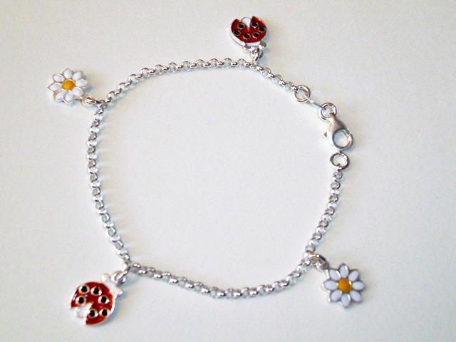 Pulsera mariquitas y flores de Plata de ley