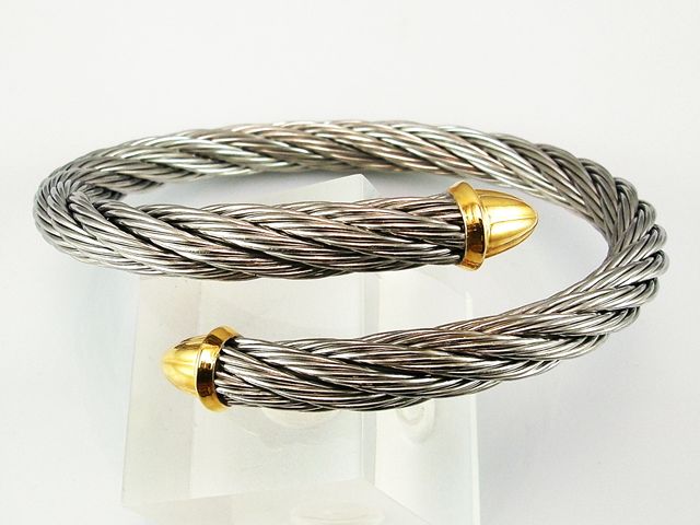 Pulsera cable Acero terminales cono de Plata dorada