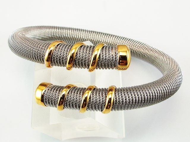 Pulsera malla espiral de Acero remates Plata chapada en Oro
