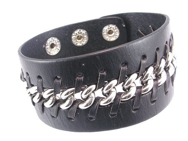 Pulsera de Piel negra con cadena acero entrelazada