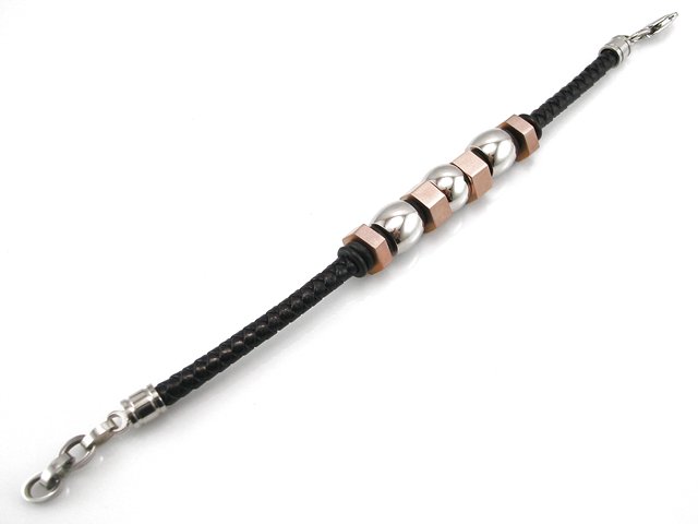 Pulsera de Piel con Abalorios en Bronce y Acero 1