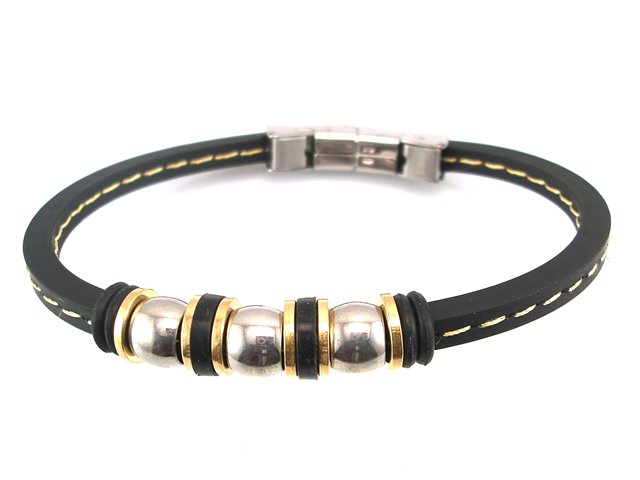 Pulsera caucho pespunteado y abalorios de acero