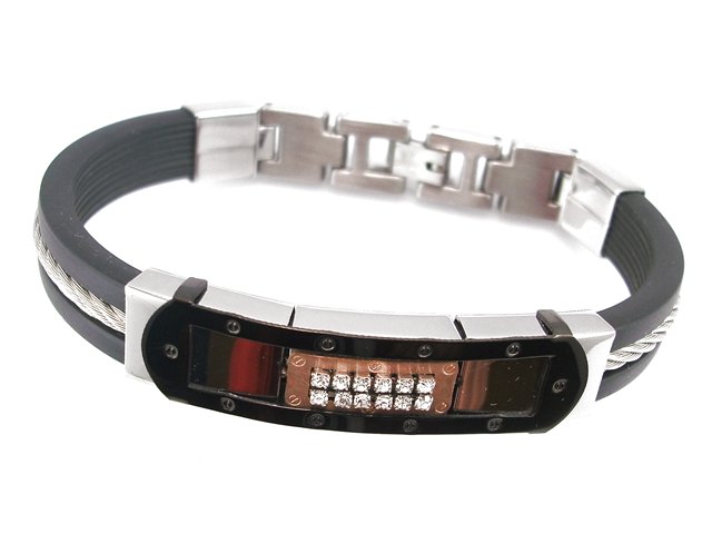 Pulsera de Acero y Caucho Placa Bicolor con Circonitas