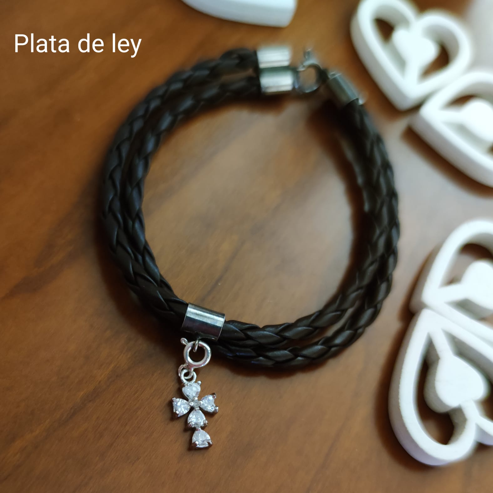 Pulsera tipo Charms cordon trenzado con Cruz de Plata de ley 1