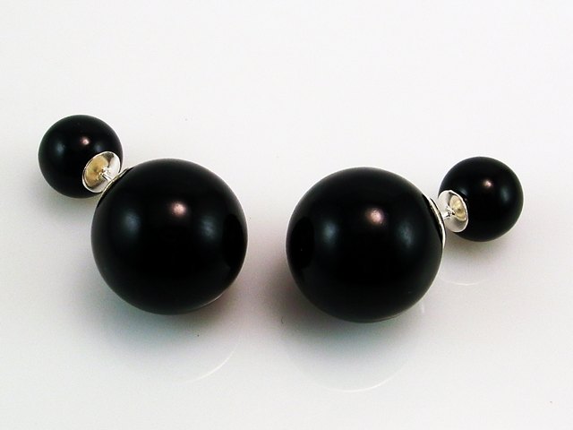Pendientes dobles bolas negras en Plata de ley
