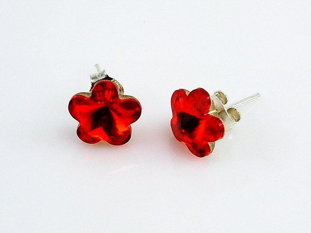 Pendiente flor roja en Plata y cristal Swarovski