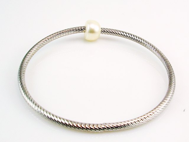Pulsera elástica tallada de Plata de ley rodiada con Perla