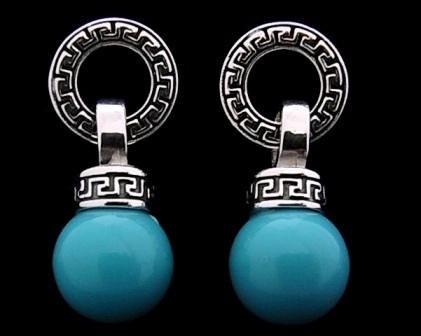 Pendientes circulo grecas con bola turquesa 12 Mm.