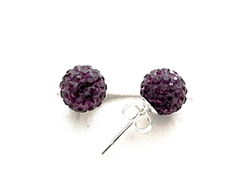 Pendientes en Plata de Ley y Cristal bola 8 Mm. Berenjena