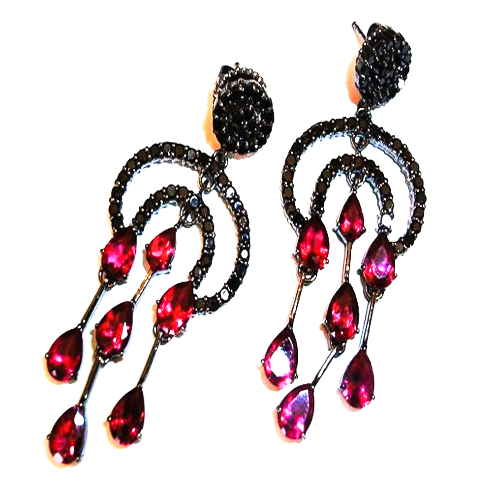 Pendientes de Plata y Rodio negro cristal fuxia y circonitas