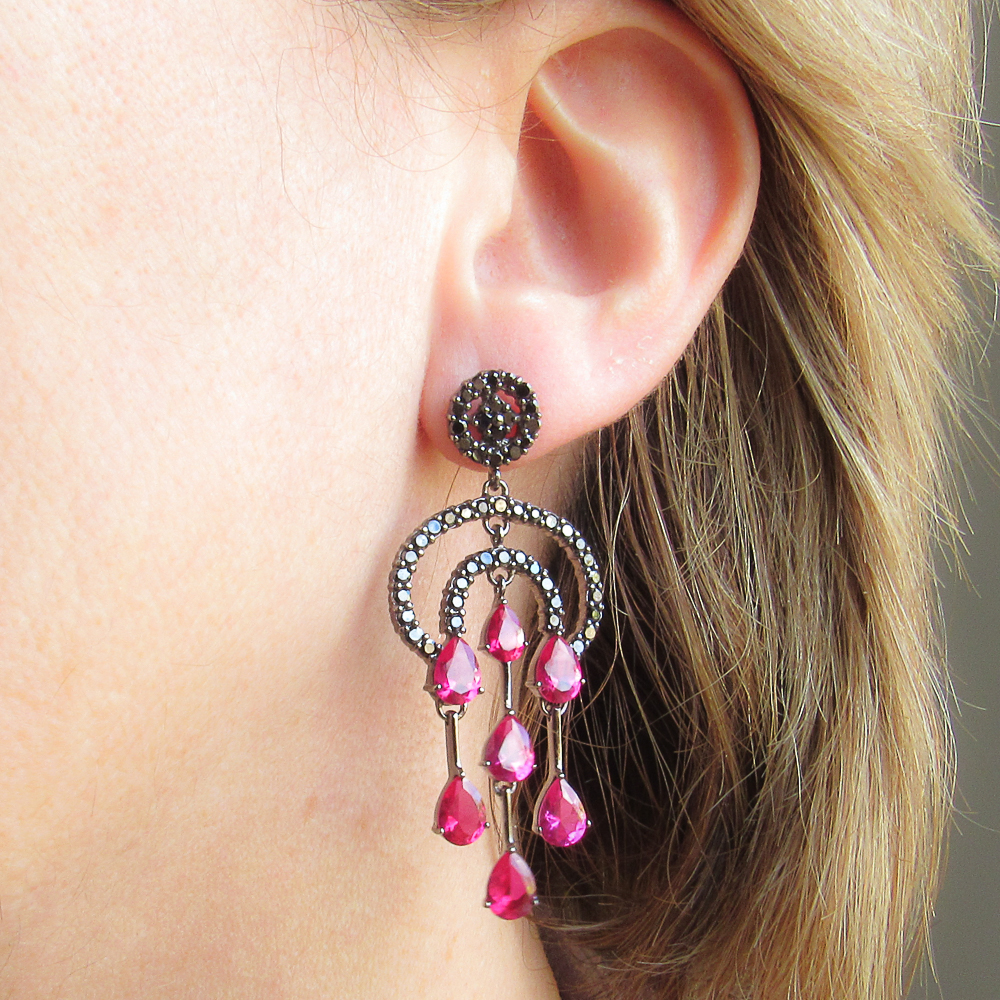 Pendientes de Plata y Rodio negro cristal fuxia y circonitas 1