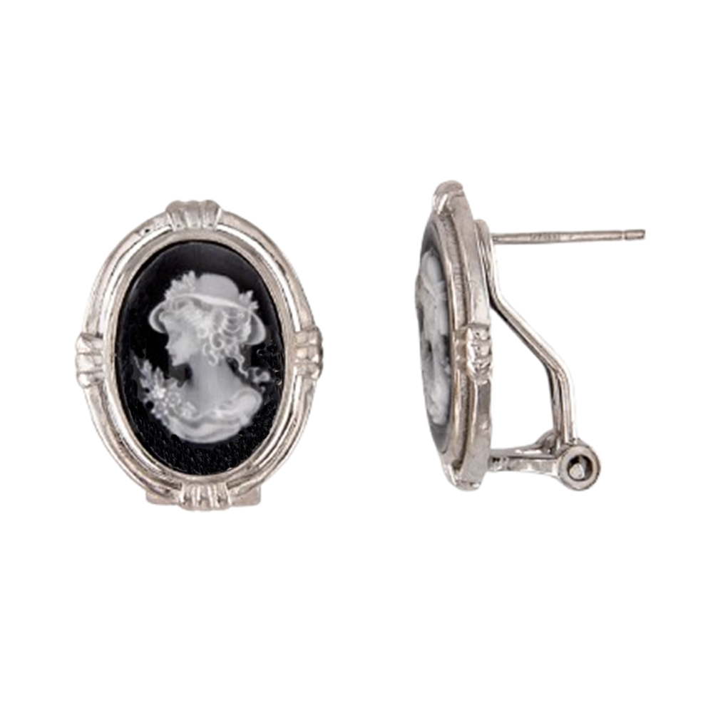 Pendientes camafeo negro en Plata de ley y cierre omega