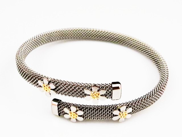 Brazalete malla de Acero y flores con Oro